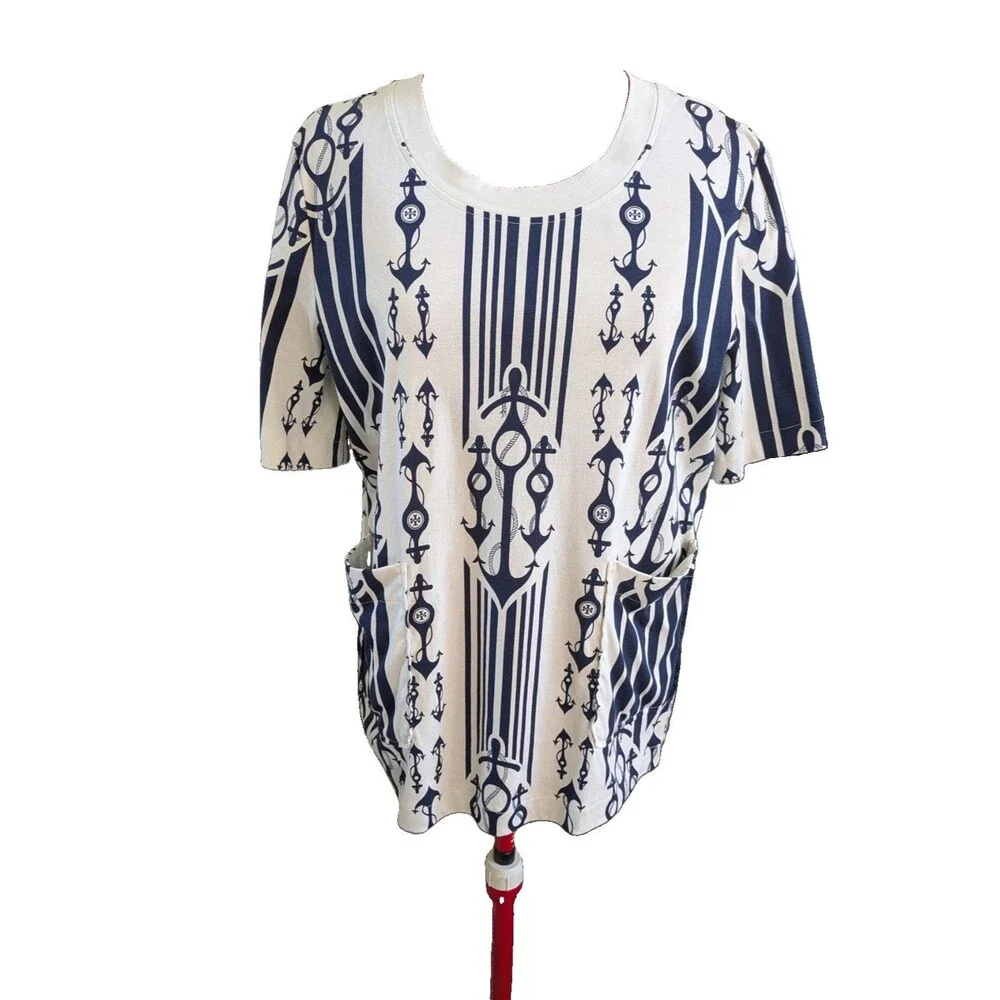 Tory Burch Women’s White And Navy Nautical Seafaring Top Size Medium